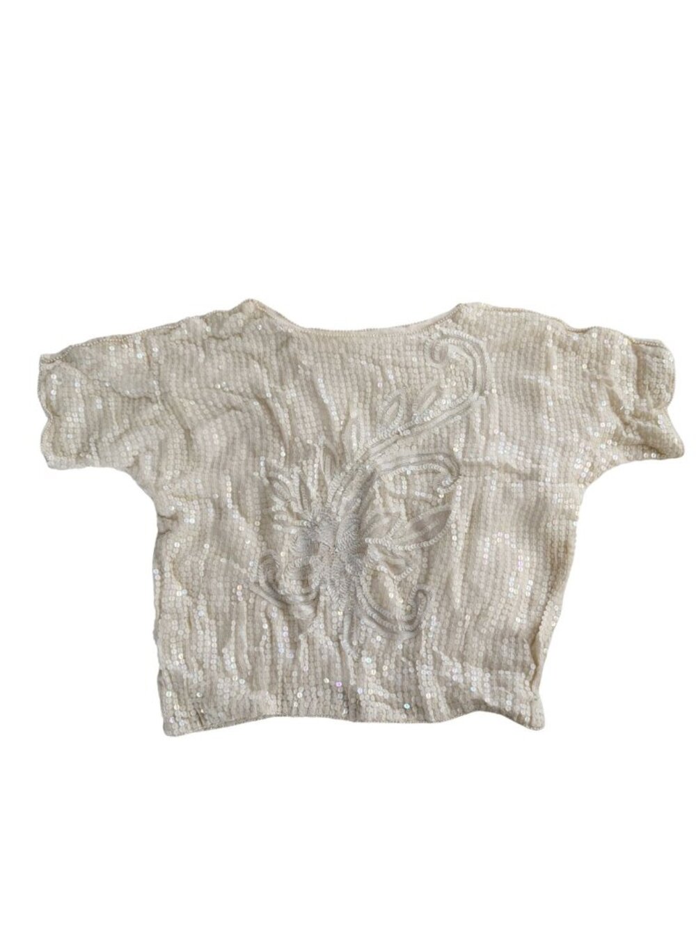 VTG 80s Cream Sequin Beaded Silk Blouse Short Sleeve Crop Top
